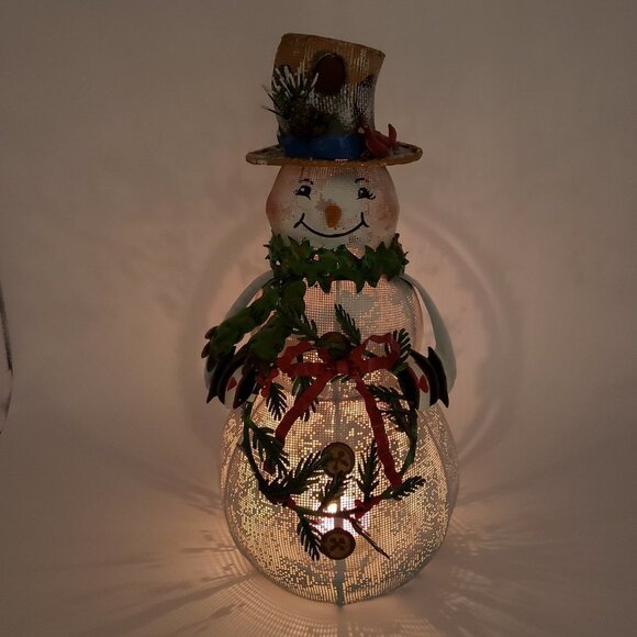 Metal Christmas Smiling Snowman Holding Wreath Bird on Hat Votive Candle Decor - Picture 5 of 11